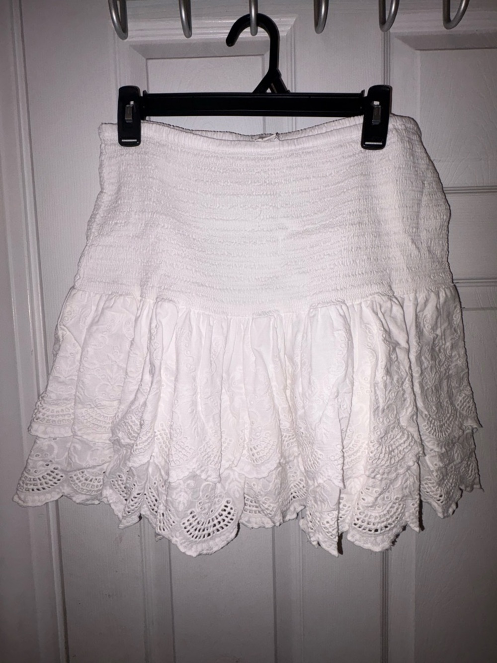White Eyelet Tiered Mini Skirt with Smocked Waist